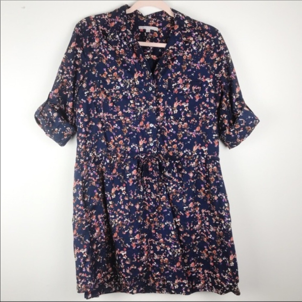 Gap Blue Floral Roll Tab Sleeve Dress Sz S Casual